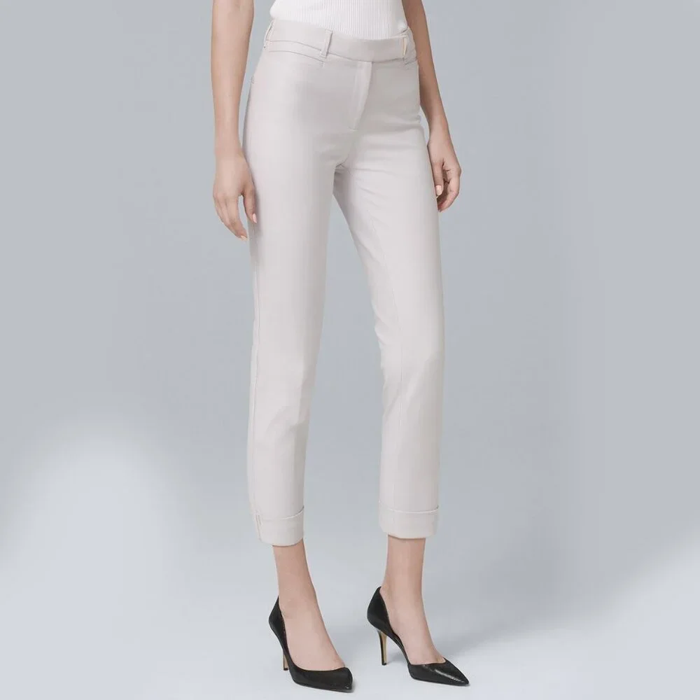 WHBM NWT Cotton Blend Slim Crop Pants Feather Light Grey Metal Details 12